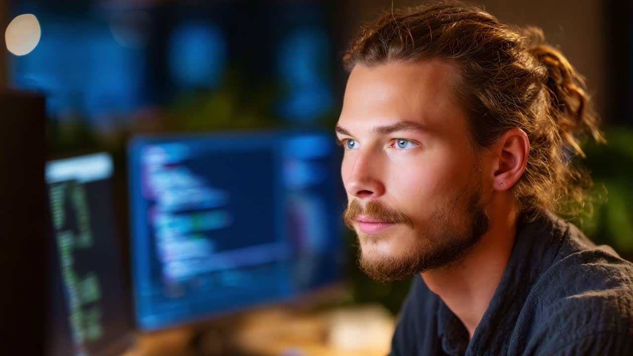 Focused Programmer Analyzing Code on Screens in a Dimly Lit Workspace, Deep in Thought with Intense Concentration and Engagement in His Work