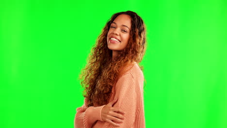 happy, smile and portrait a woman on green screen