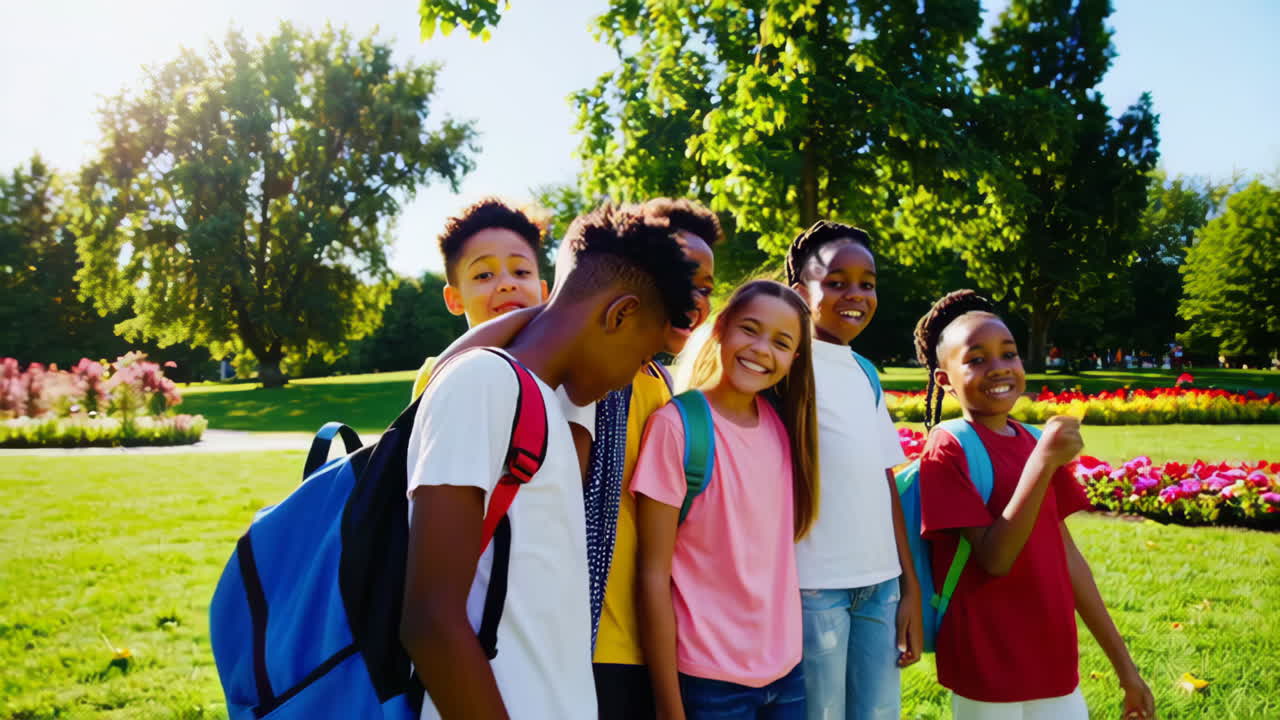 Happy Diverse School Children with Backpacks Outdoors