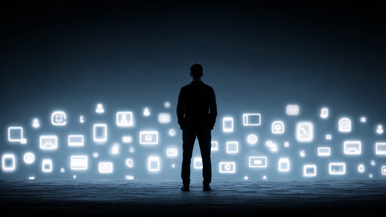 Un osservatore attento contempla il vasto mondo di informazioni digitali e connettività, illustrato da icone e simboli in un ambiente oscurato
