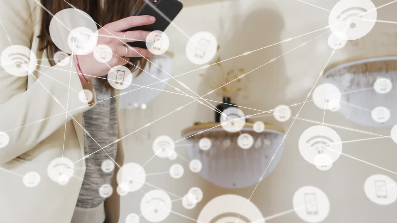 Woman leaning over table tapping phone activating tech overlay across scene while checking retail