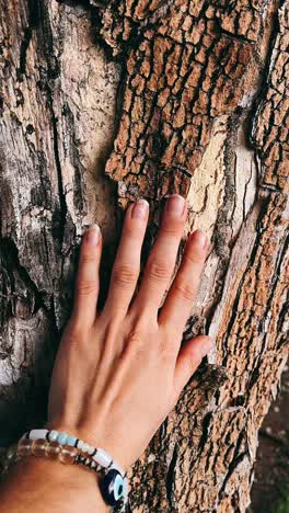hand touching a tree trunk