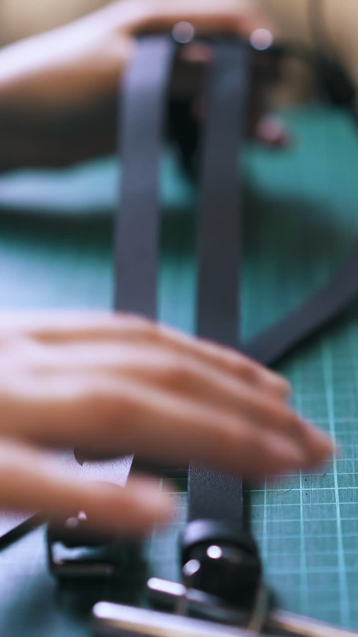 CU: Professional woman tailor makes trendy black leather garters on green cutting board in workshop close view