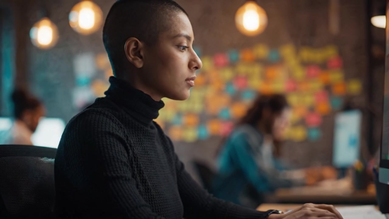 Focused individual working diligently in a modern office setting, typing on a keyboard, surrounded by vibrant sticky notes and collaborating with colleagues nearby.