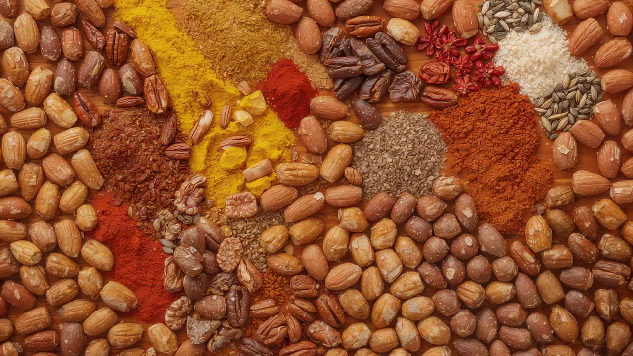 Pulling back camera revealing full nut spice layout on wood board, showing salt pile and seeds