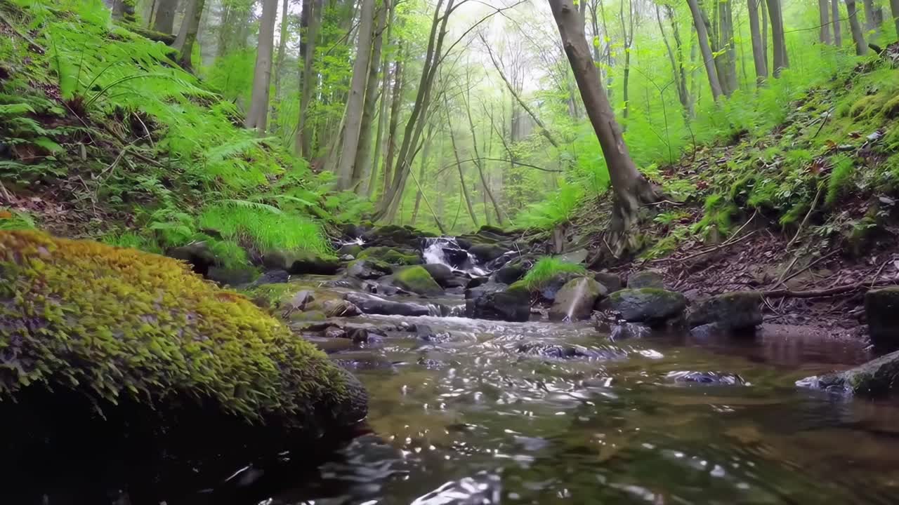 Lavvinklet video af et fredfyldt skovbæk, der viser frodigt grønt og rindende vand