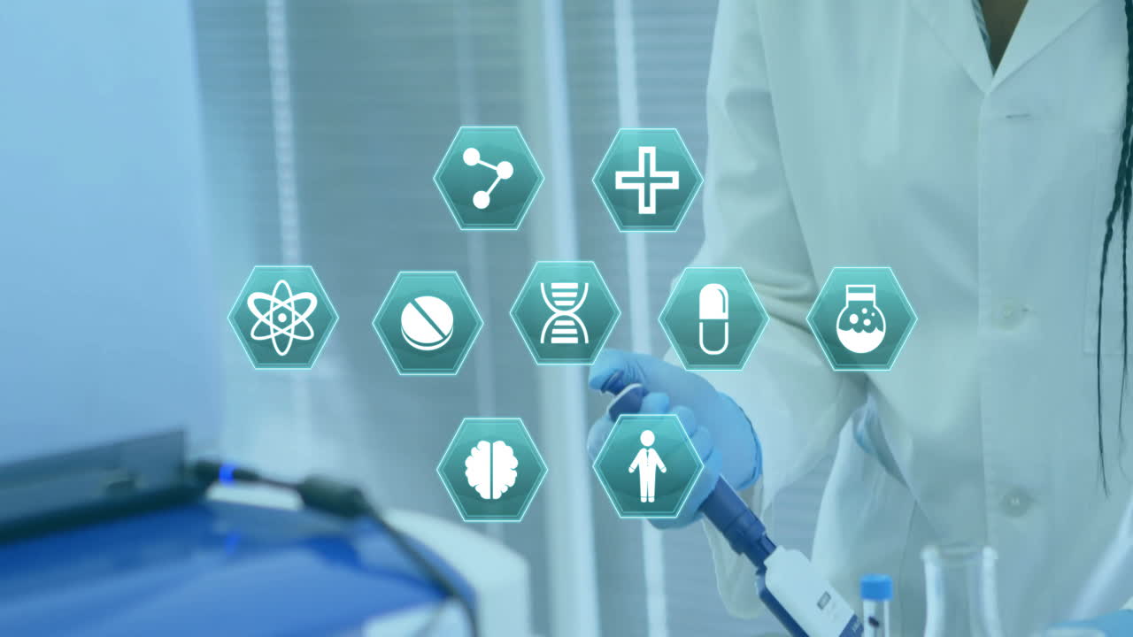 연구실에서 일하는 아프리카계 미국인 여성 과학자에 대한 육각형 의학 아이콘의 애니메이션