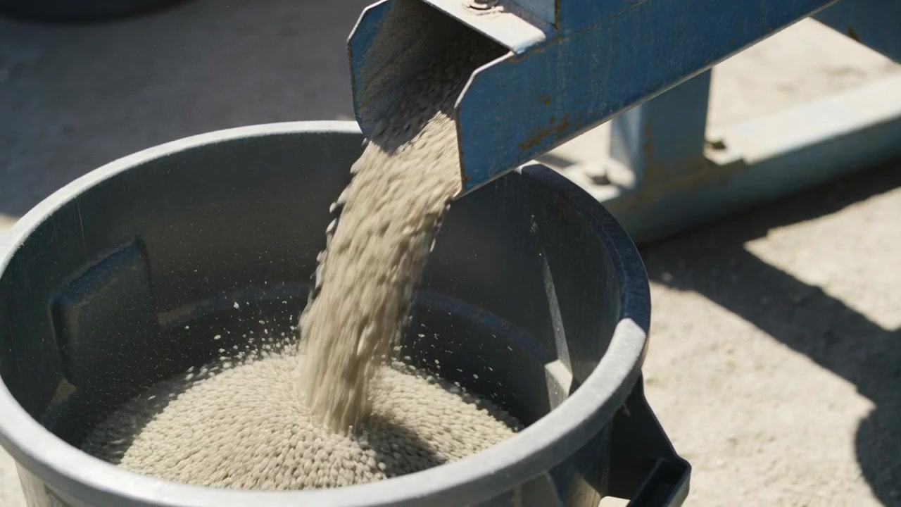Hopper releasing sand from metal chute into grey bin on paved surface to collect sand