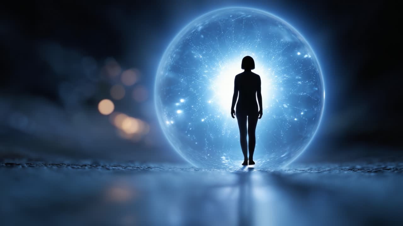 A mysterious silhouette stands within a glowing orb, surrounded by a captivating universe of sparkling lights and ethereal wonders, evoking a sense of wonder and exploration