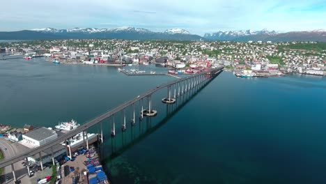 Bridge-of-city-Tromso,-Norway-Aerial-footage