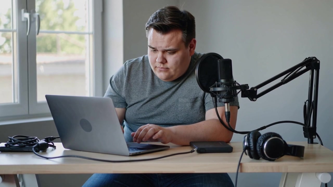 Ein Creator in grauem T-Shirt tippt, bereitet sich auf eine Aufnahme vor und blickt zum Mikrofon an seinem Schreibtisch mit Laptop.