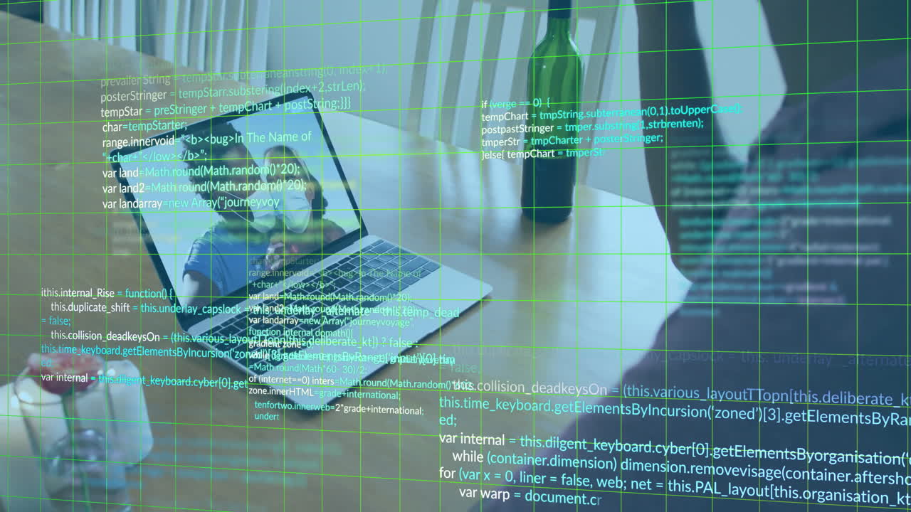 Animation of african american man drinking wine and talking with family wearing mask on video call