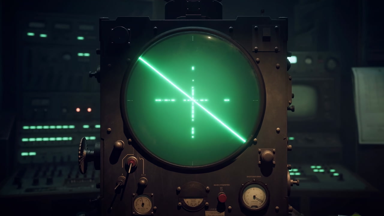 Green Radar Scope Sweeping Dark Control Room With Analog Dials, Glowing Blips Crossing Circular Screen,