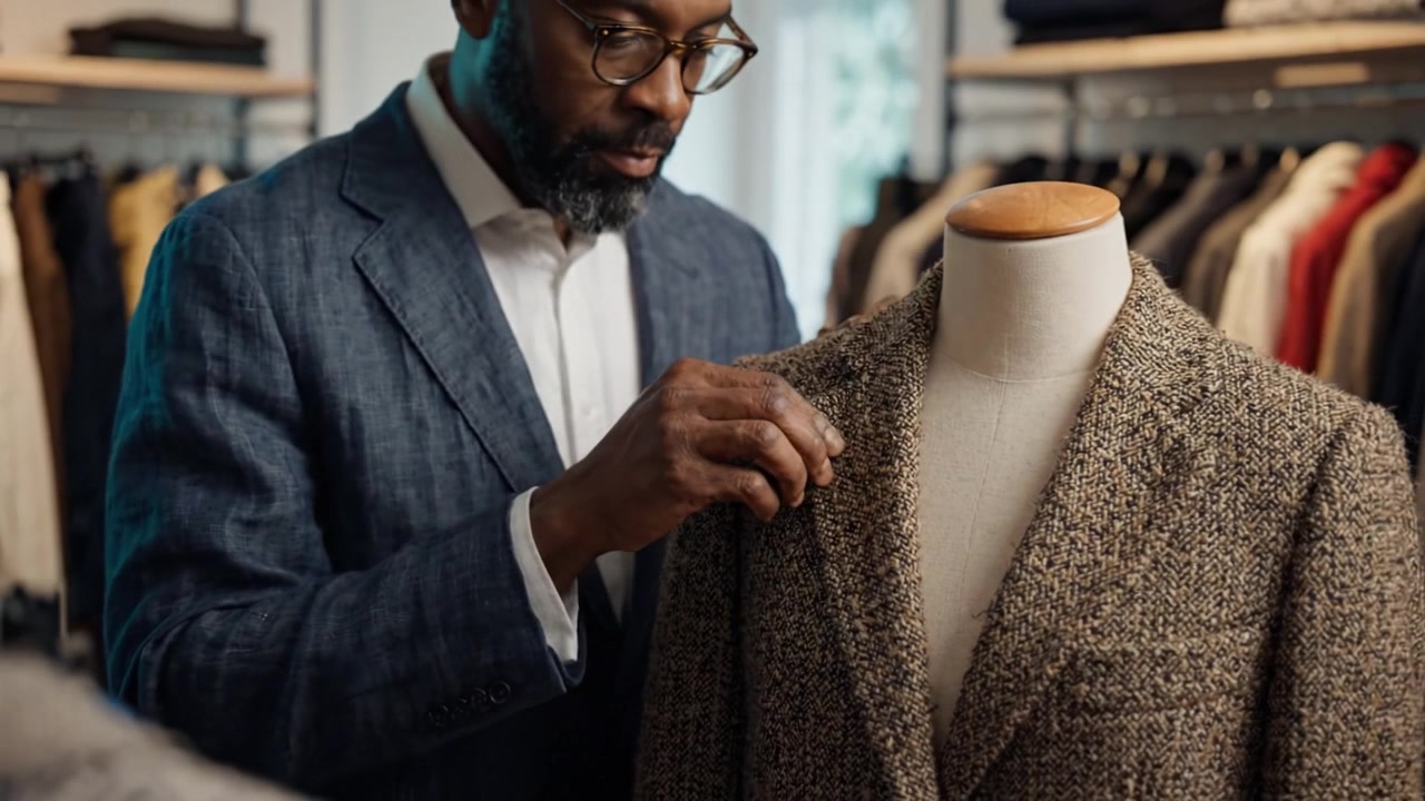 Um Alfaiate Habilidoso ajusta um blazer marrom texturizado sofisticado em uma boutique elegante, exibindo a arte da alfaiataria sob medida e a atenção aos detalhes na moda
