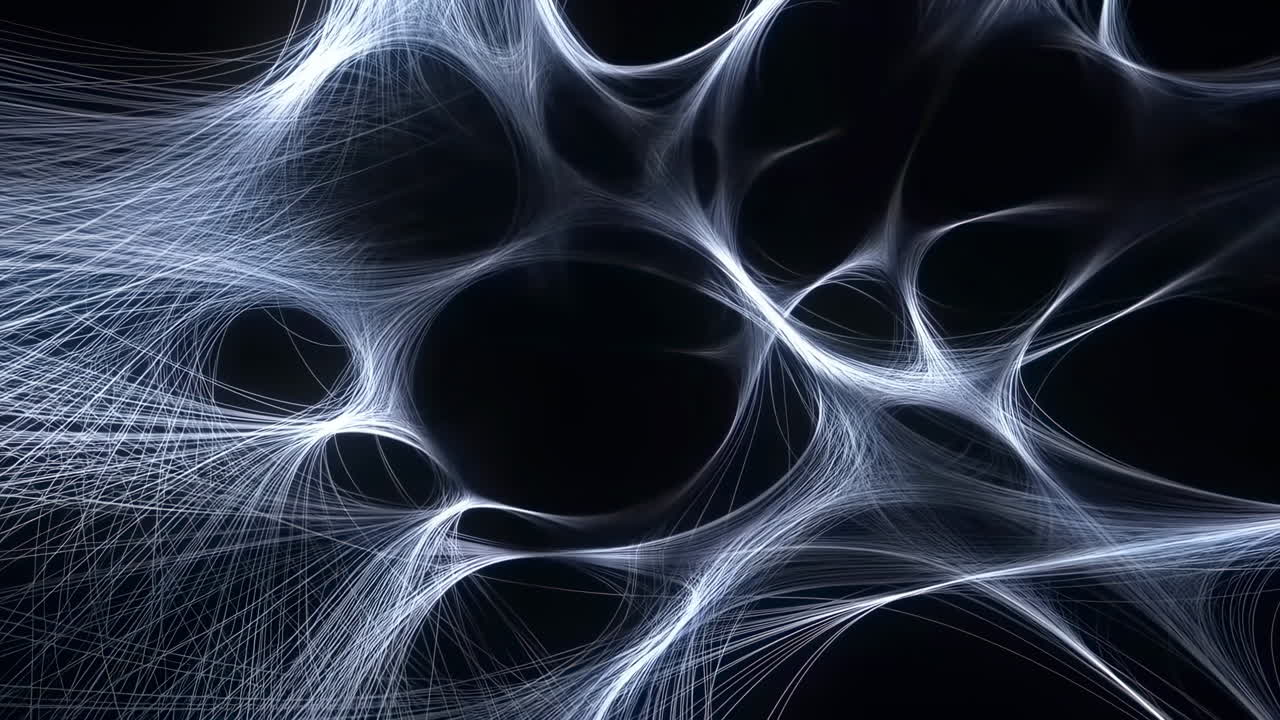 Luminescent Fiber Network Weaving Across Black Void, Neuron Like Web, Synapse Patterns, Intricate Connectivity