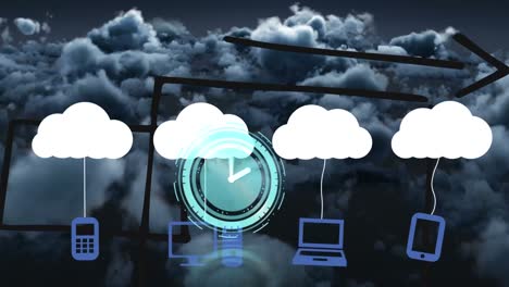 animación de iconos de nubes y reloj sobre cielo nublado