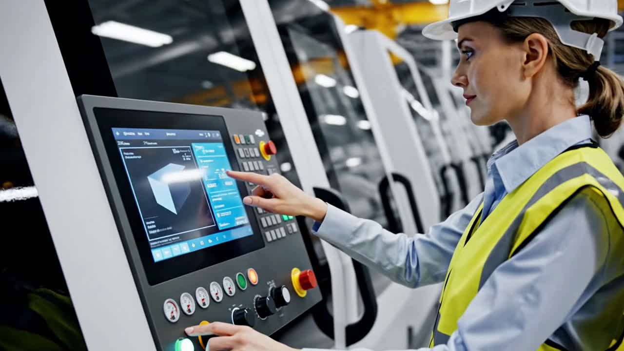 Female engineer operating industrial cnc machine touch screen