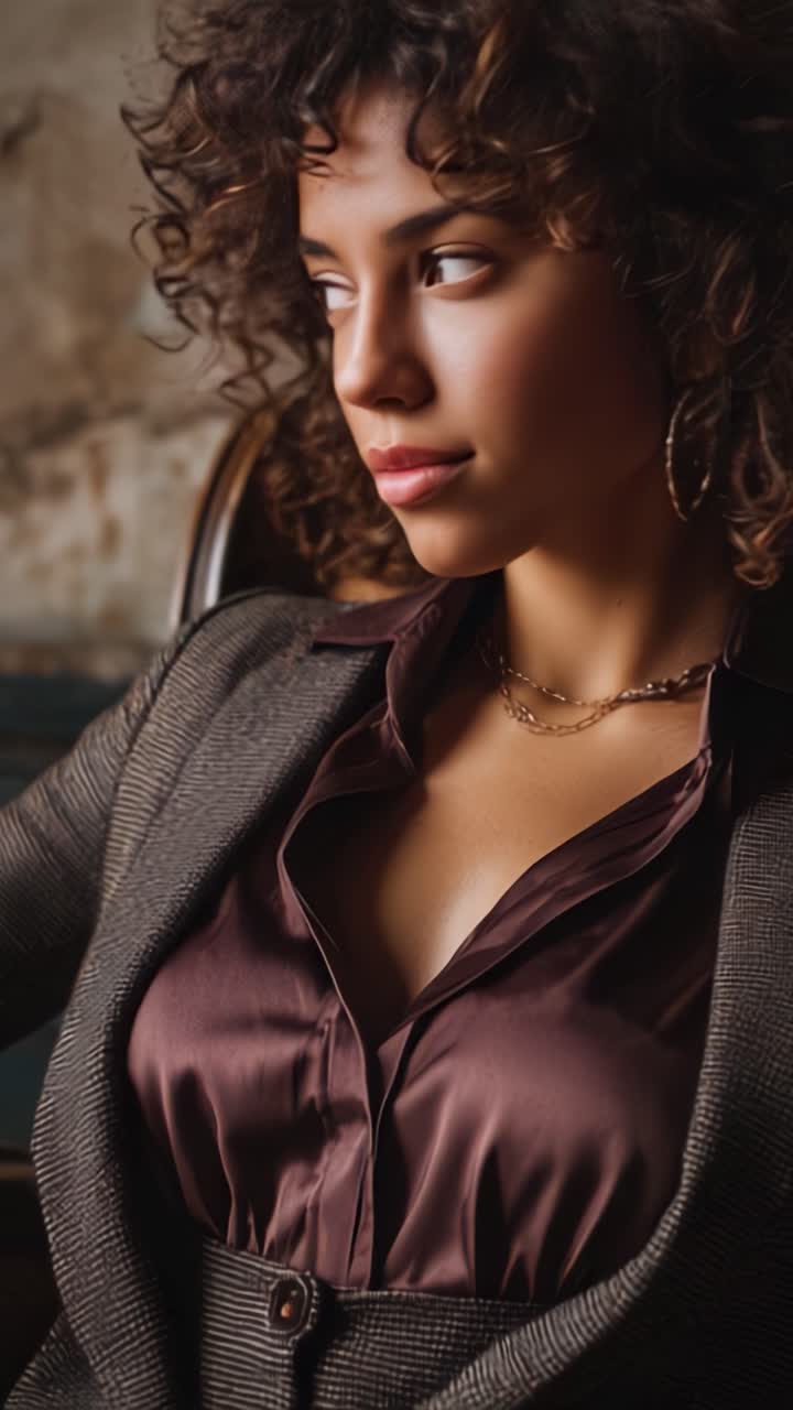Mulher Elegante com Cabelos Cacheados em um Traje Sofisticado, Exalando Confiança e Graça Enquanto Posa para um Retrato em um Espaço Estilosamente Projetado