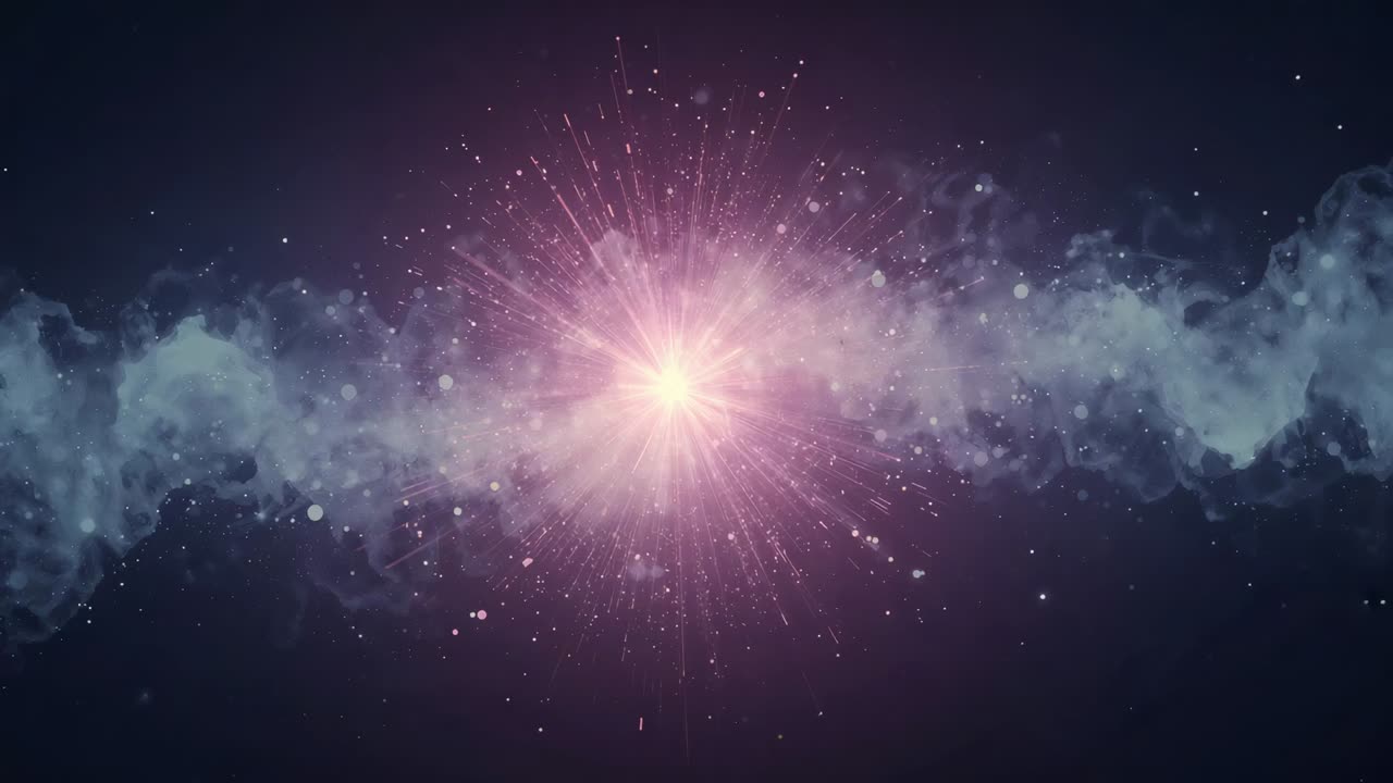 Brightening central flare sending radial beams across space, expanding horizontal nebula and sparks