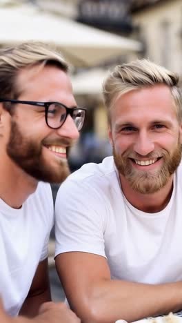 two happy men enjoying a conversation in a cafe