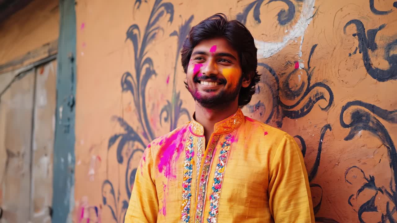 Young man celebrating Holi festival with colored powder on his face and traditional clothes, smiling and looking away, standing against a decorated wall