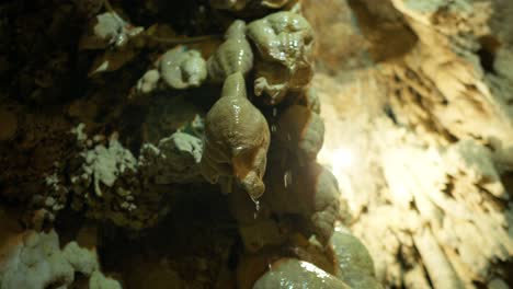 stalactite stalagmites inside cave landscape in mountain low angle close up