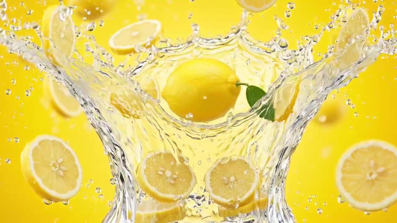 Fresh Juicy Slices of Lemon Floating in Splashing Water over Yellow Studio Light