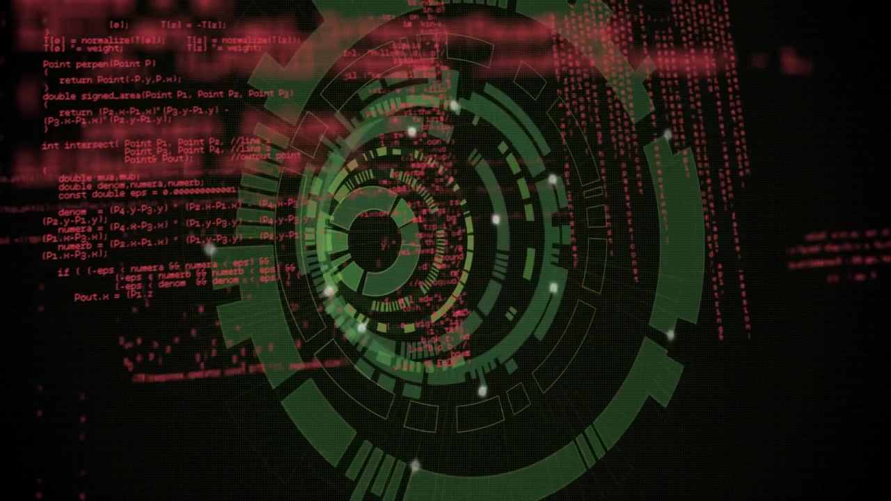 At start green interface rings rotating receding and returning while red code trailing showing data