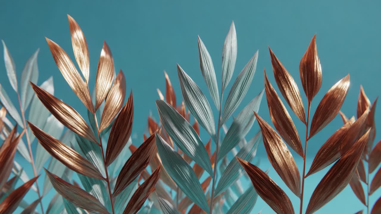 A Stunning Display of Ornamental Leaves with a Mesmerizing Combination of Metallic Copper and Cool Blue Tones Set Against a Soft Background