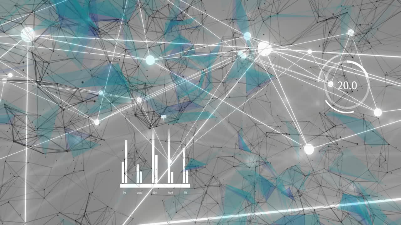 회색 배경에 통계에 대한 스을 가진 연결 네트워크의 애니메이션