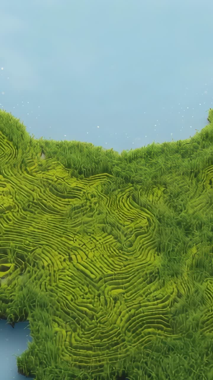 Vertical video: Drifting sparkles animating mossy terraced grass under pale blue sky, evoking calm