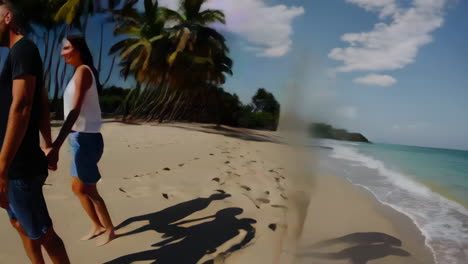 una pareja caminando por una playa tropical.
