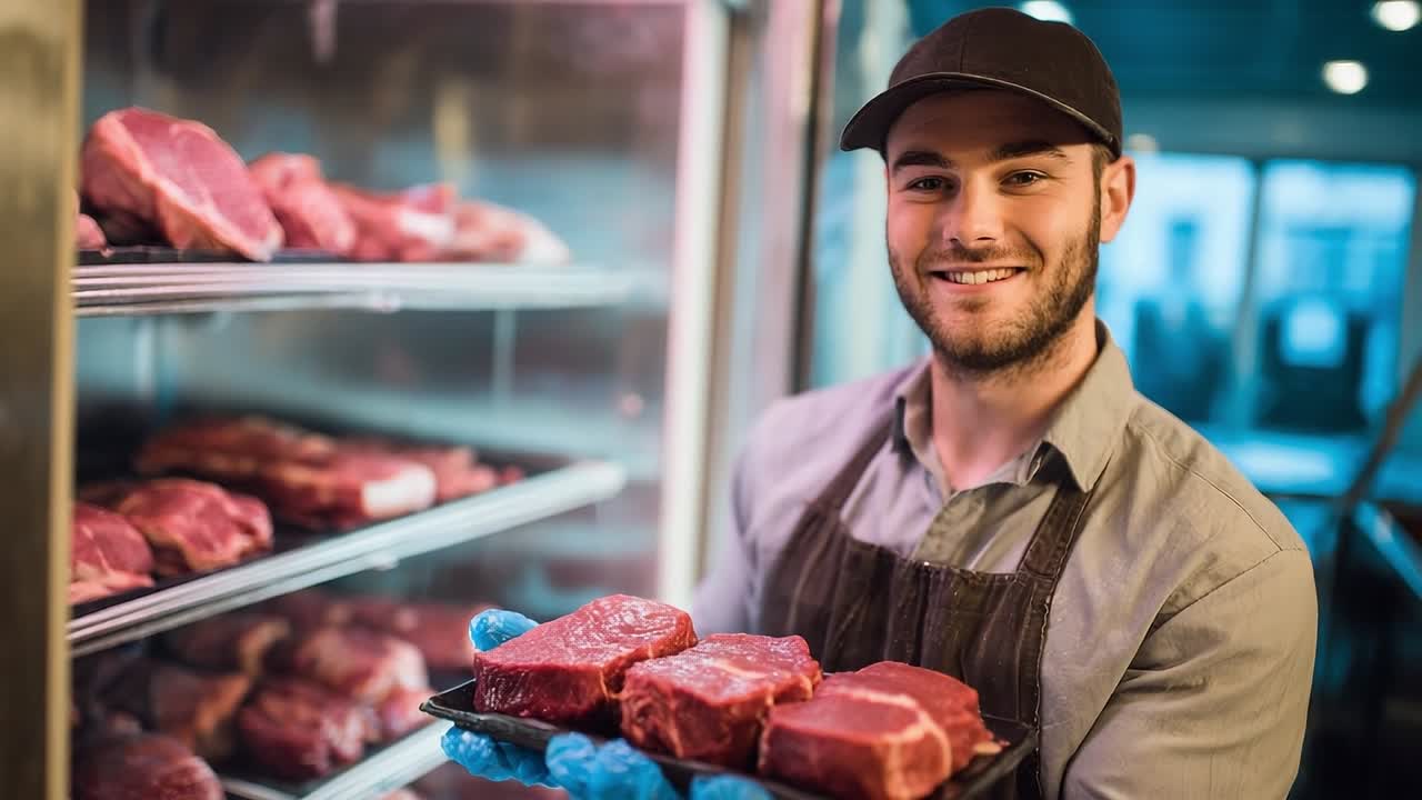 Açougueiro habilidoso apresenta cortes frescos de carne numa loja moderna.