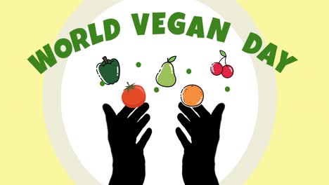 Animation-of-world-vegan-day-text-in-green,-over-illustration-of-vegetables-and-fresh-and-hands
