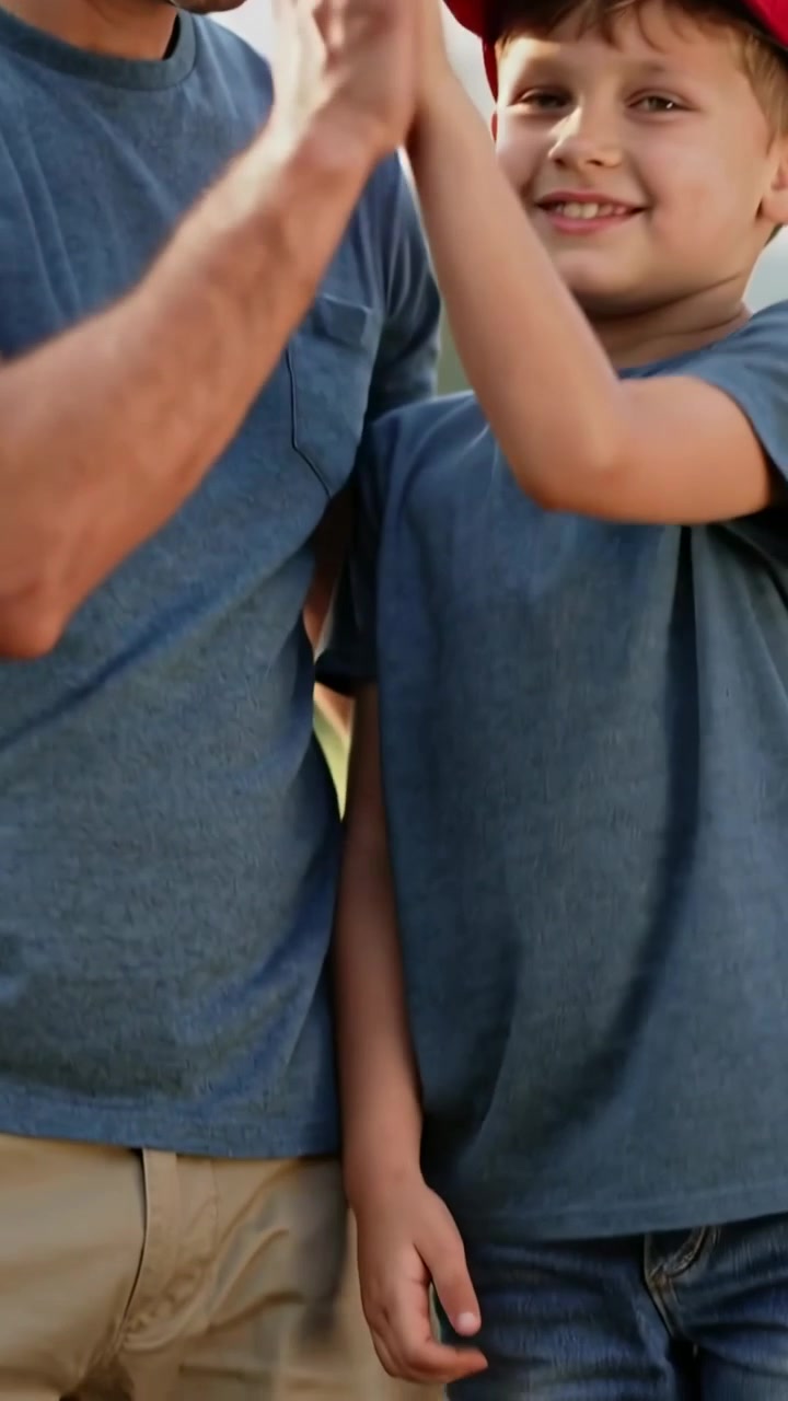 Video verticale: Padre e figlio che salutano e si scambiano un cinque al parco, indossando un berretto rosso e magliette blu.
