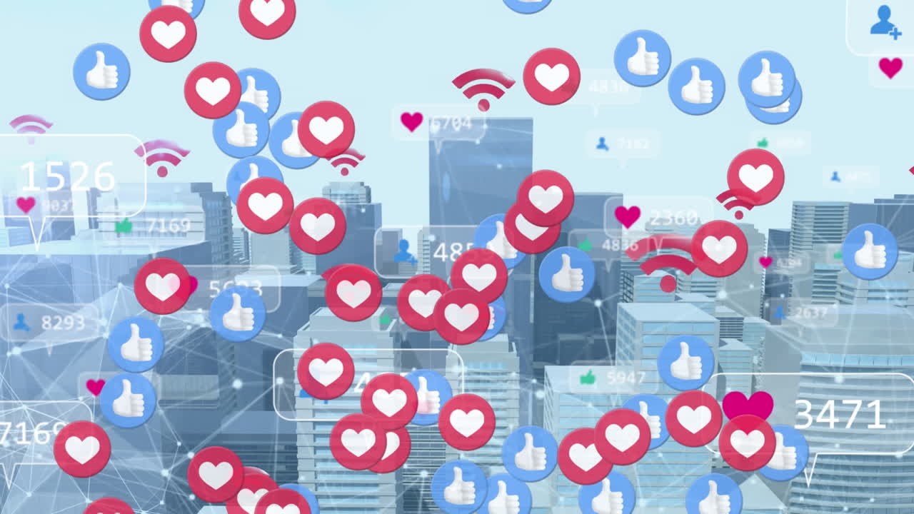 도시 풍경 위에 떠다니는 소셜 미디어 디지털 아이콘의 애니메이션