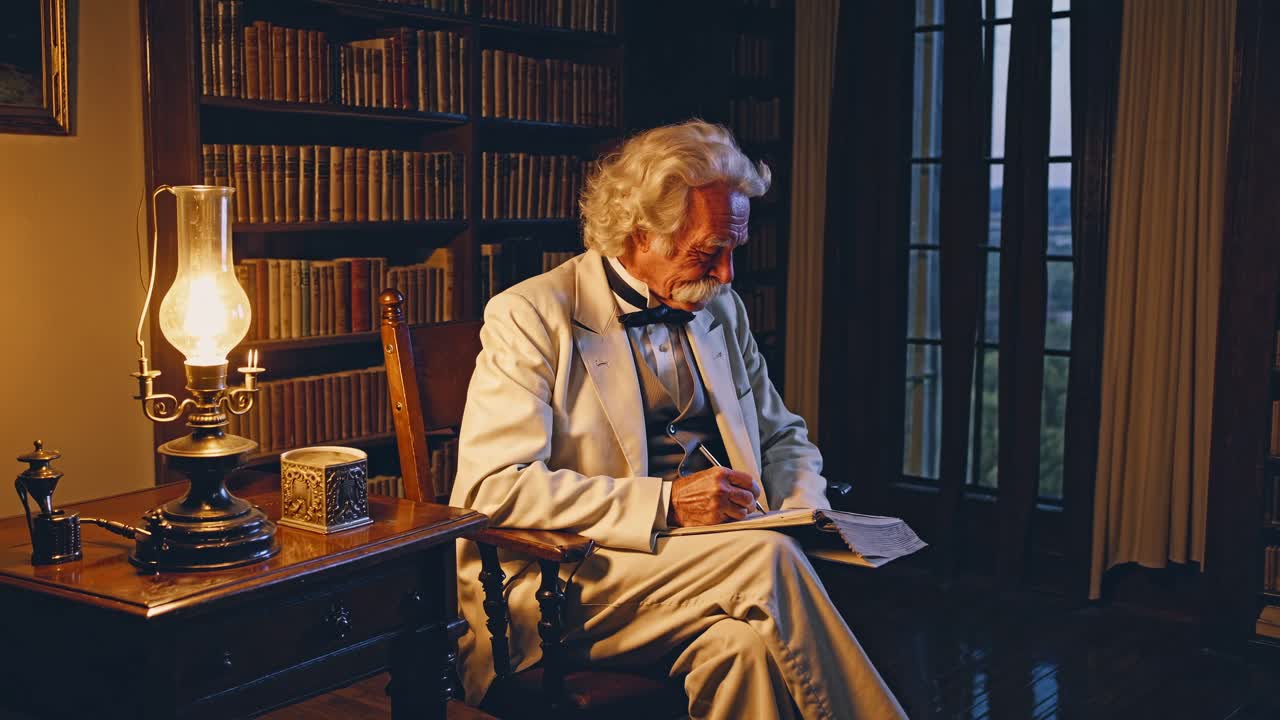 A vintage-style video still of an elderly man writing at a wooden desk in a dimly lit library