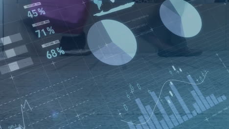 financial charts and world map animation over business meeting background