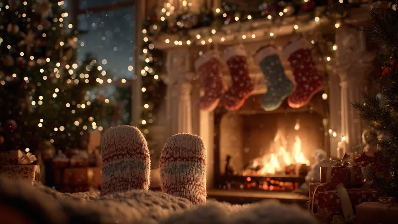 Cozy Christmas Vibes: A Beautifully Decorated Living Room with a Glowing Fireplace, Colorful Stockings, and Sparkling Lights Creating a Warm Holiday Atmosphere