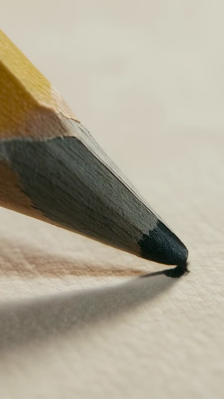 Vertikales Video: Schwebende gelbe Bleistiftspitze berührt cremefarbenes Papier und hinterlässt einen Graphitpunkt