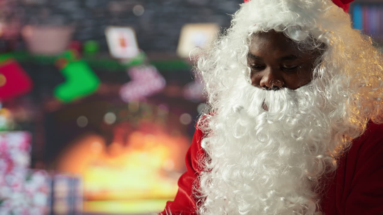 Santa Claus reading a letter by the fireplace