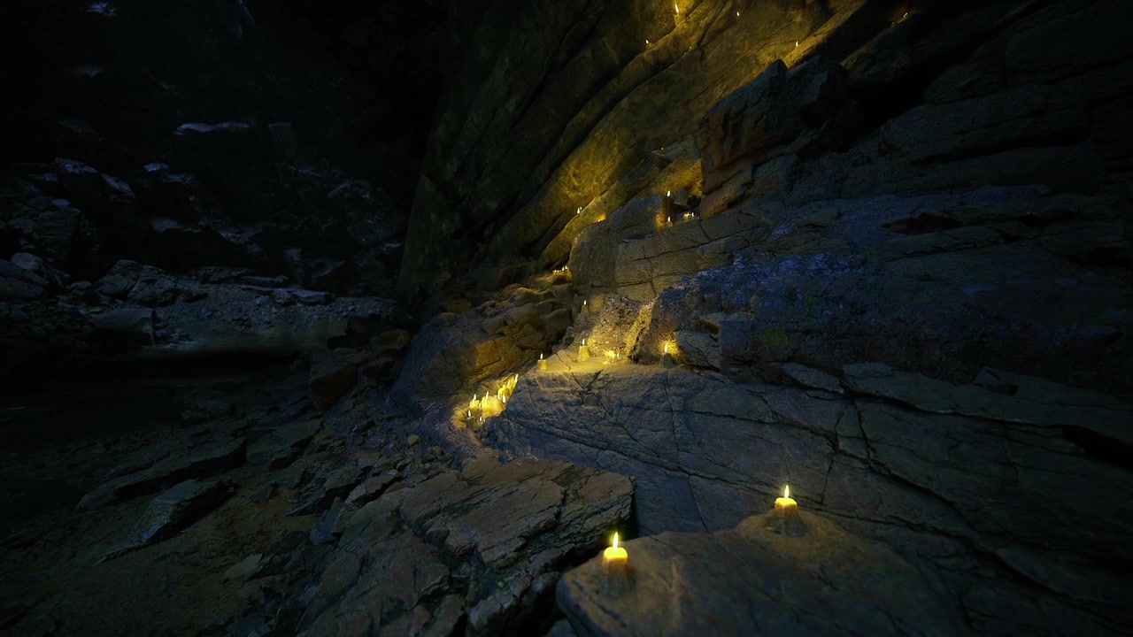 Gentle illumination casts shadows in ancient underground cavern