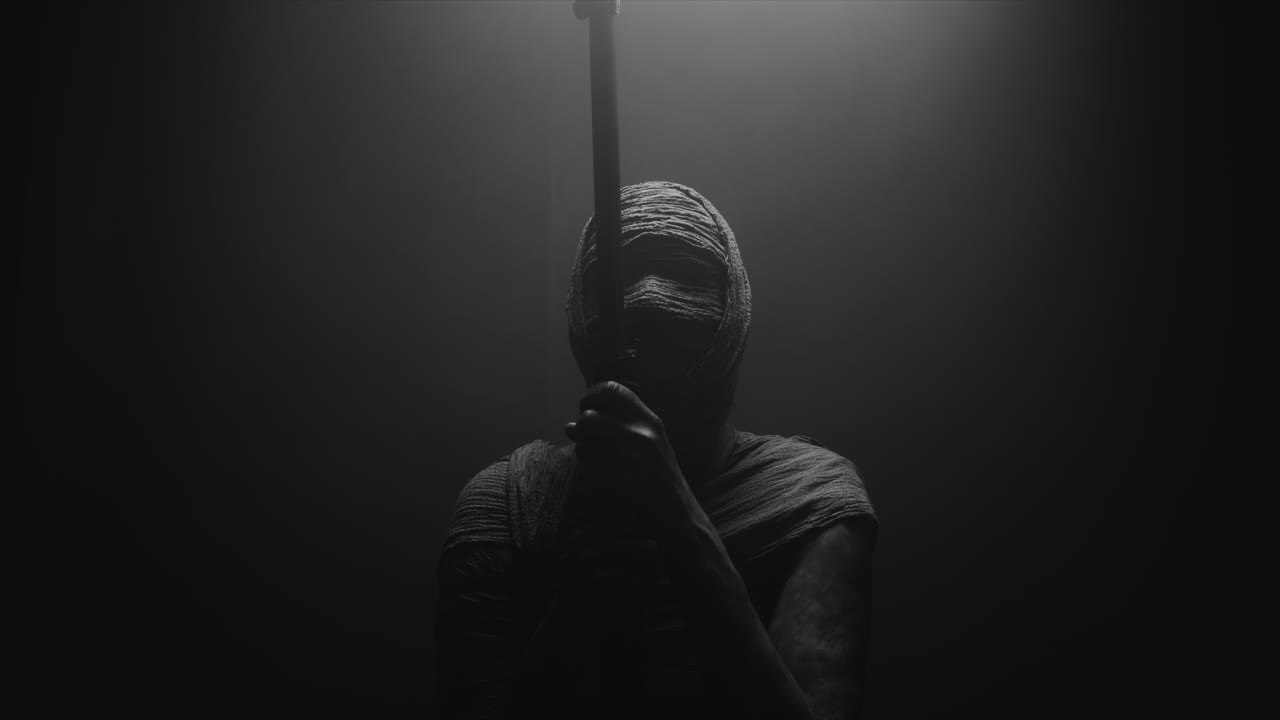 A mummified woman against the dark background pose with the walking staff