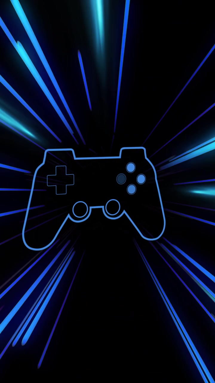 Animation of video game pad with neon light trails on black background