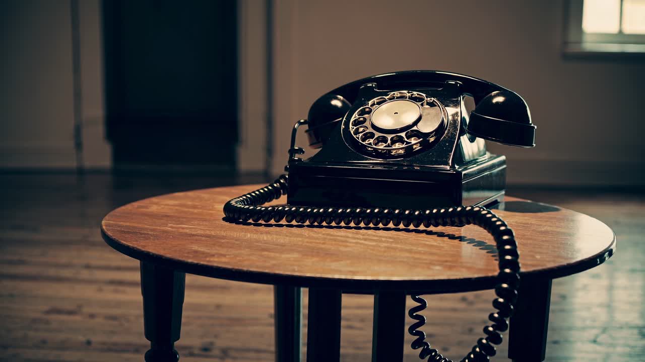 Vintage rotary phone on a wooden table in a dimly lit room