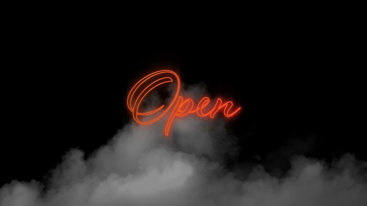 Digital animation of neon orange open text sign over smoke effect against black background