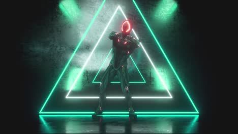 robot alienígena bailando en un fondo metálico con luces de neón brillantes. el concepto de alegría y victoria. bucle sin costuras 3d render