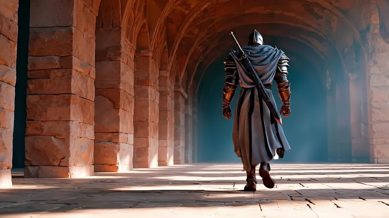 A man in armor walking through an archway with a sword