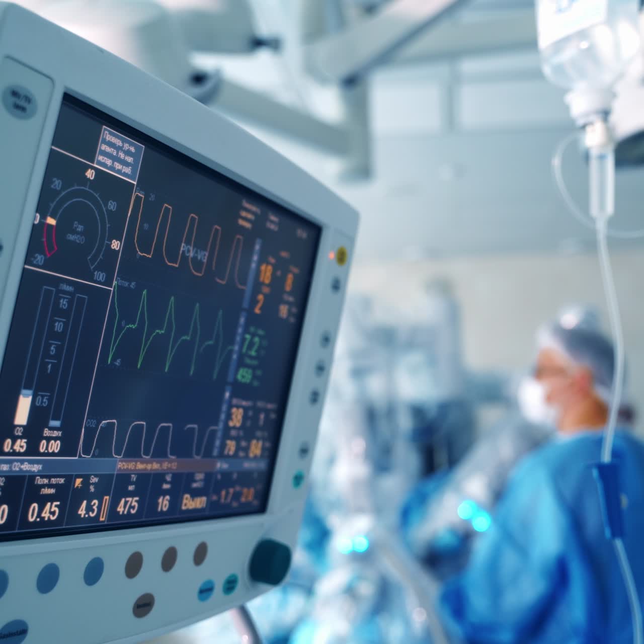 Ecg patient's condition on the monitor in operating room. Heart beat and blood pressure on the screen. Surgeon performing operation in operation theater.