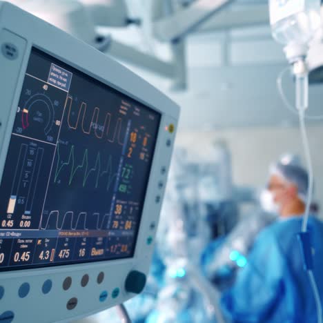 ecg patient's condition on the monitor in operating room. heart beat and blood pressure on the screen. surgeon performing operation in operation theater.